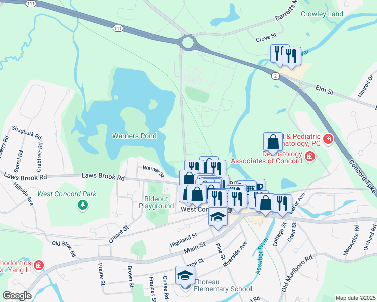 map of restaurants, bars, coffee shops, grocery stores, and more near 238 Commonwealth Avenue in Concord