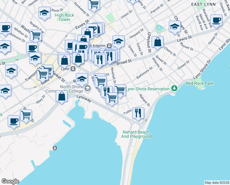 map of restaurants, bars, coffee shops, grocery stores, and more near 69 Newhall Street in Lynn