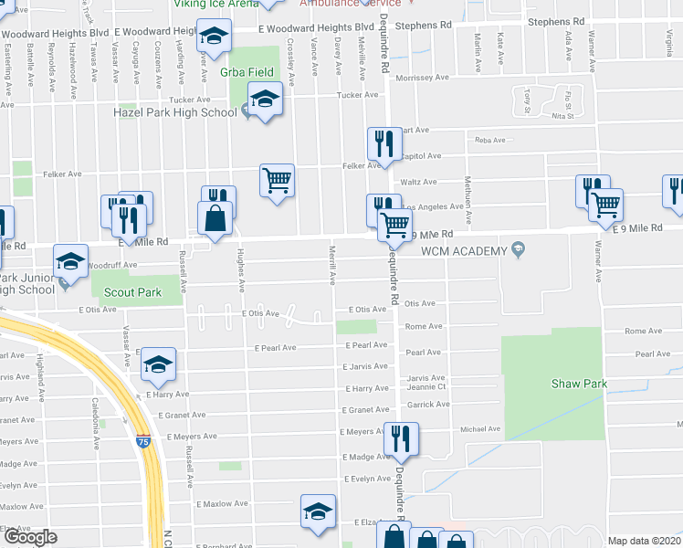 map of restaurants, bars, coffee shops, grocery stores, and more near 1713 East Goulson Avenue in Hazel Park