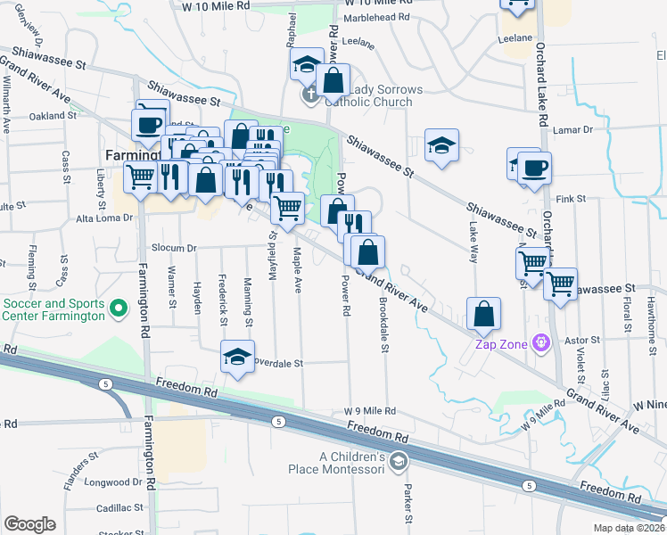 map of restaurants, bars, coffee shops, grocery stores, and more near 32411 Grand River Avenue in Farmington