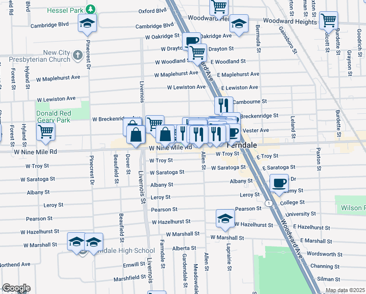 map of restaurants, bars, coffee shops, grocery stores, and more near 432 West Nine Mile Road in Ferndale