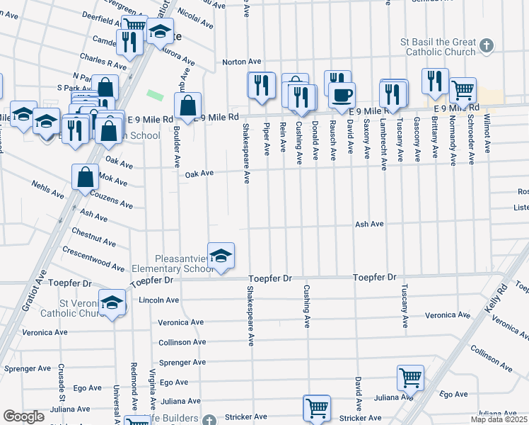 map of restaurants, bars, coffee shops, grocery stores, and more near 22045 Piper Avenue in Eastpointe
