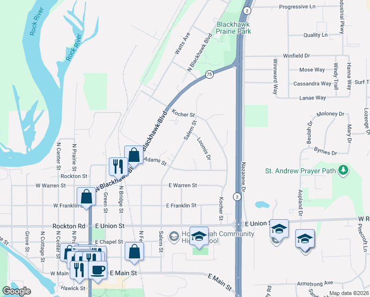 map of restaurants, bars, coffee shops, grocery stores, and more near 745 Salem Street in Rockton