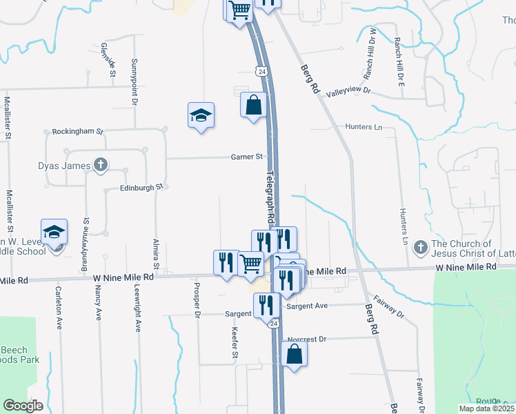 map of restaurants, bars, coffee shops, grocery stores, and more near 23391 Telegraph Road in Southfield