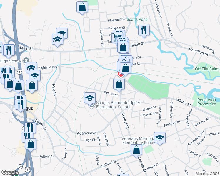 map of restaurants, bars, coffee shops, grocery stores, and more near 19 Horton Street in Saugus