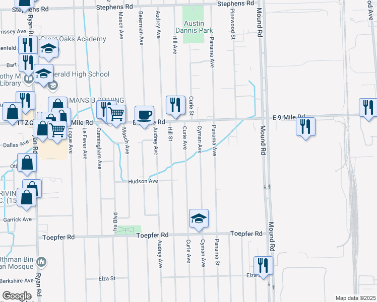 map of restaurants, bars, coffee shops, grocery stores, and more near 22610 Curie Avenue in Warren