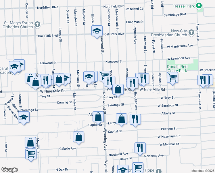 map of restaurants, bars, coffee shops, grocery stores, and more near 8940 West Nine Mile Road in Oak Park