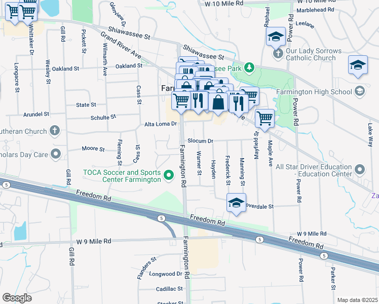 map of restaurants, bars, coffee shops, grocery stores, and more near 23100 Farmington Rd in Farmington