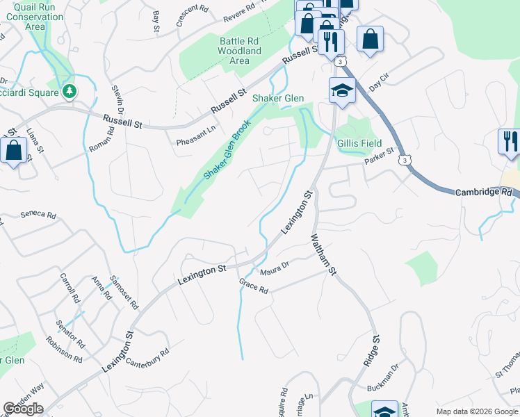 map of restaurants, bars, coffee shops, grocery stores, and more near 59 Waverly Road in Woburn