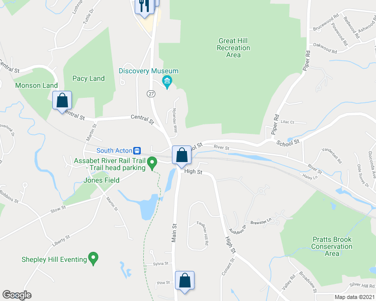 map of restaurants, bars, coffee shops, grocery stores, and more near 20 School Street in Acton