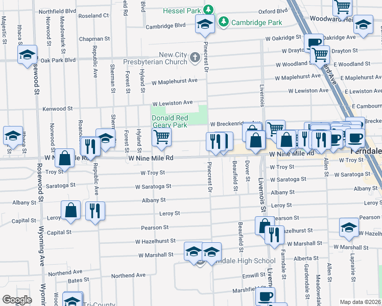 map of restaurants, bars, coffee shops, grocery stores, and more near 1200 West Nine Mile Road in Ferndale