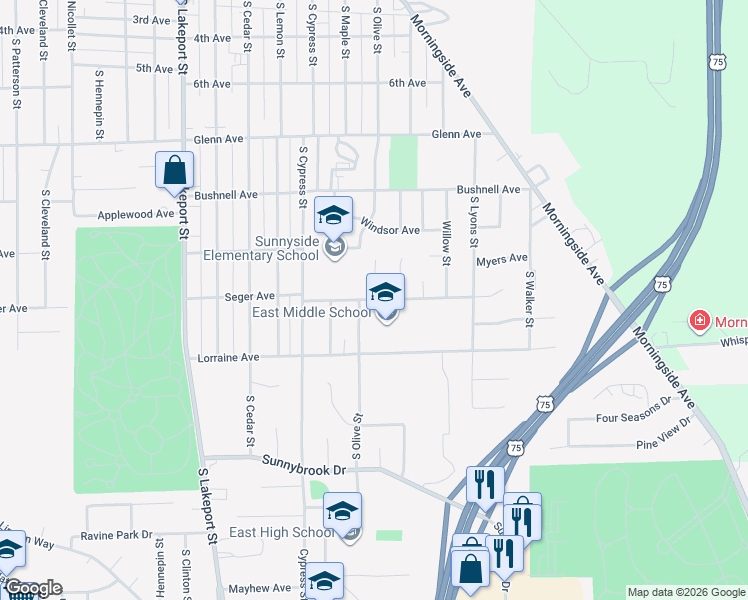 map of restaurants, bars, coffee shops, grocery stores, and more near 5352 Seger Avenue in Sioux City