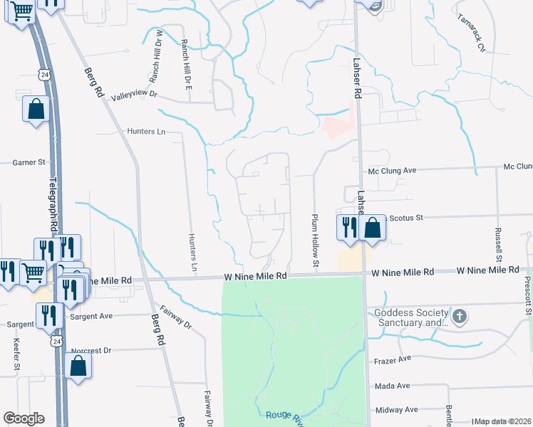map of restaurants, bars, coffee shops, grocery stores, and more near 23275 Riverside Drive in Southfield
