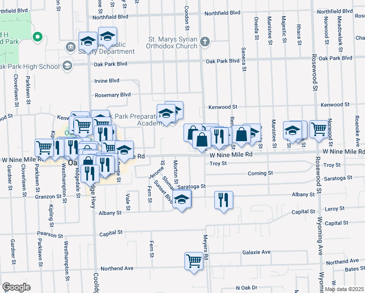map of restaurants, bars, coffee shops, grocery stores, and more near 12800 West Nine Mile Road in Oak Park