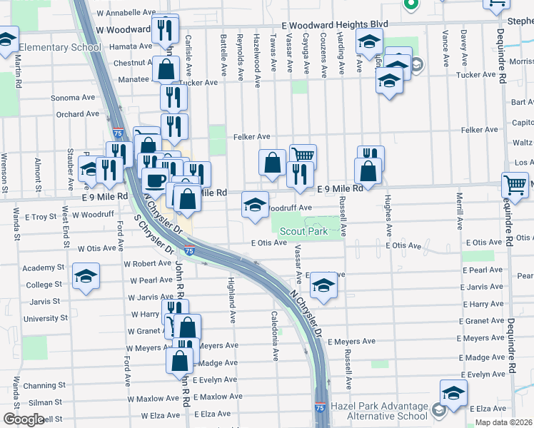 map of restaurants, bars, coffee shops, grocery stores, and more near 650 East Woodruff Avenue in Hazel Park