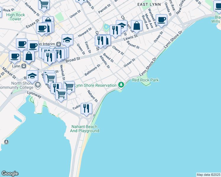 map of restaurants, bars, coffee shops, grocery stores, and more near 285 Lynn Shore Drive in Lynn