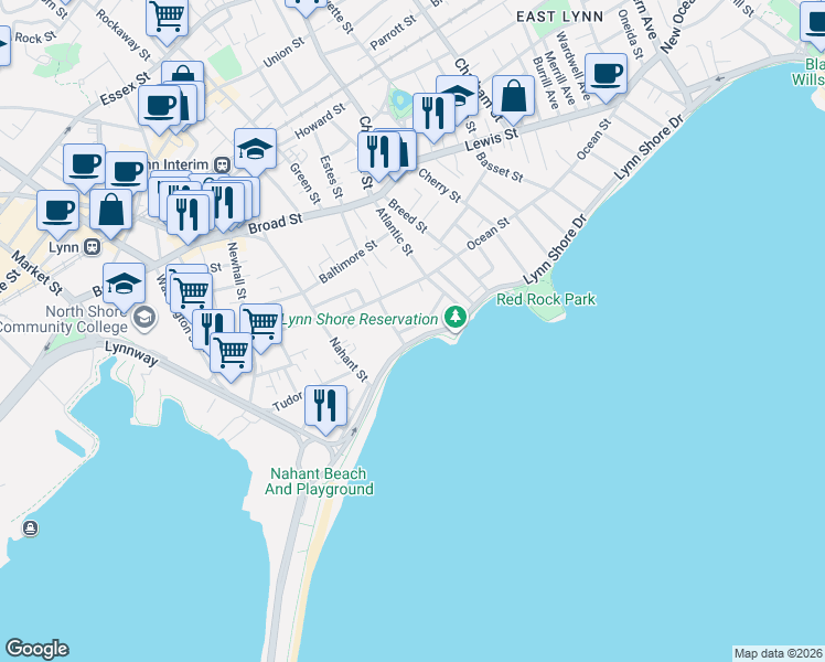 map of restaurants, bars, coffee shops, grocery stores, and more near 285 Lynn Shore Drive in Lynn