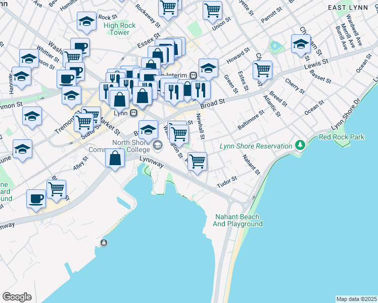 map of restaurants, bars, coffee shops, grocery stores, and more near 80 Sagamore Street in Lynn
