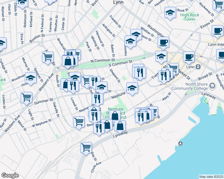 map of restaurants, bars, coffee shops, grocery stores, and more near 291 Summer Street in Lynn