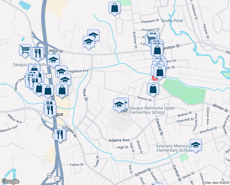 map of restaurants, bars, coffee shops, grocery stores, and more near 66 Denver Street in Saugus