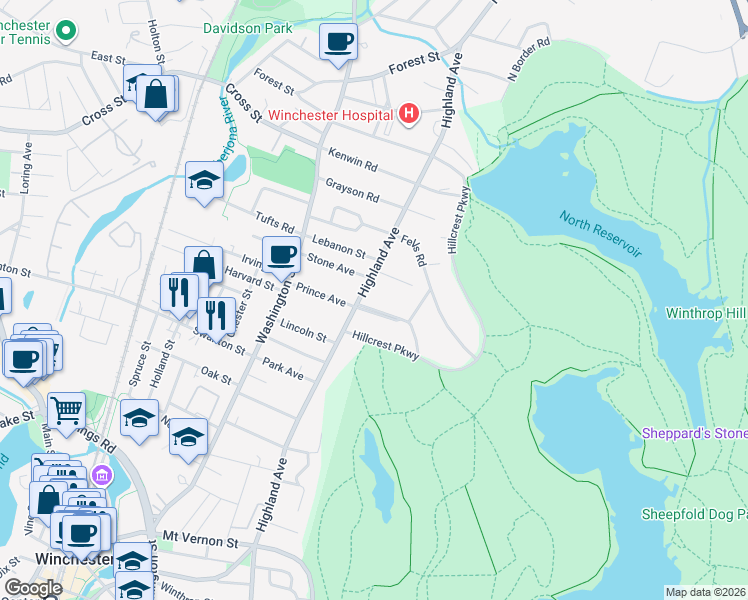 map of restaurants, bars, coffee shops, grocery stores, and more near 4 Euclid Avenue in Winchester