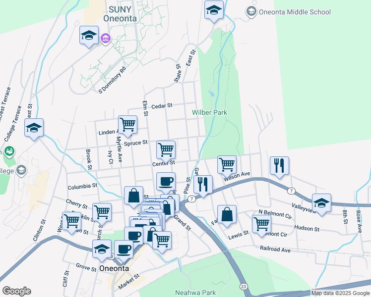 map of restaurants, bars, coffee shops, grocery stores, and more near in Oneonta
