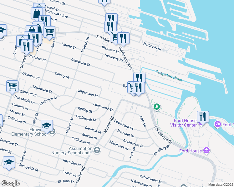 map of restaurants, bars, coffee shops, grocery stores, and more near 3211 Villa Lane in St. Clair Shores