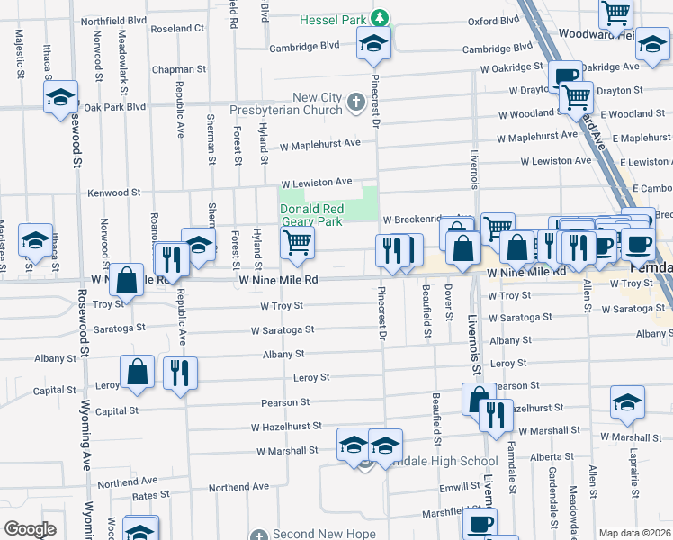 map of restaurants, bars, coffee shops, grocery stores, and more near 1200 West Nine Mile Road in Ferndale