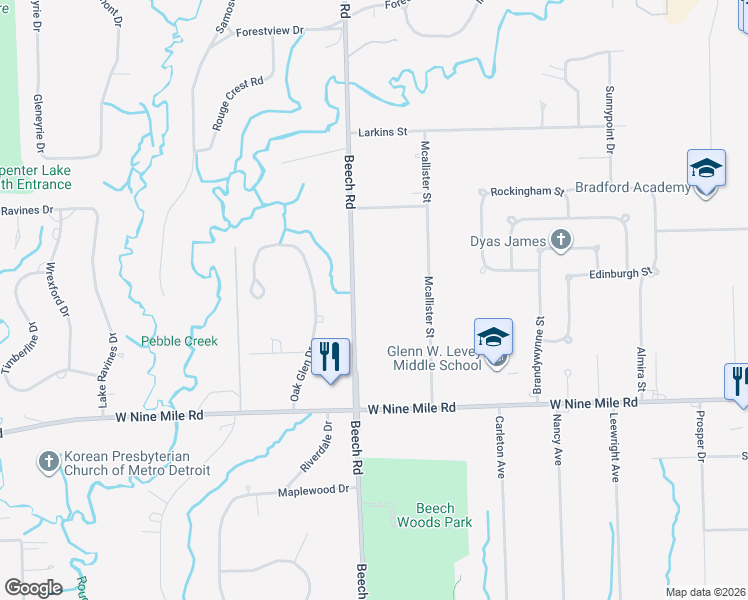 map of restaurants, bars, coffee shops, grocery stores, and more near 23424 Beech Road in Southfield