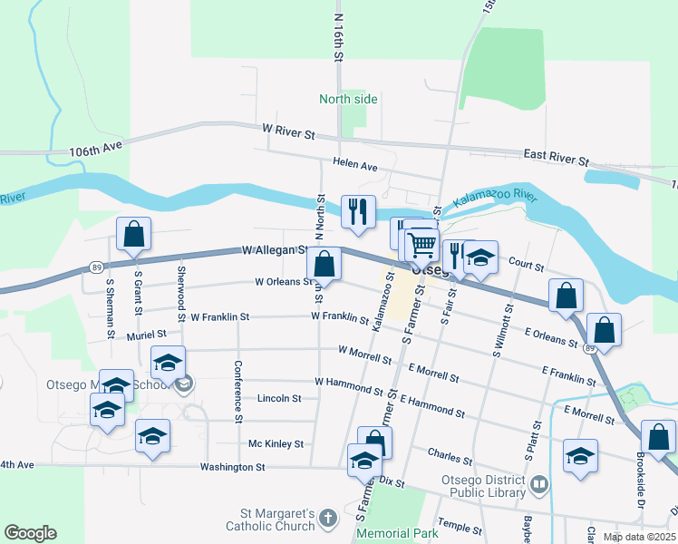 map of restaurants, bars, coffee shops, grocery stores, and more near 252 West Orleans Street in Otsego