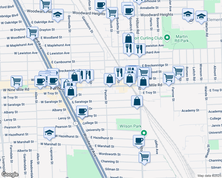 map of restaurants, bars, coffee shops, grocery stores, and more near 536 East 9 Mile Road in Ferndale