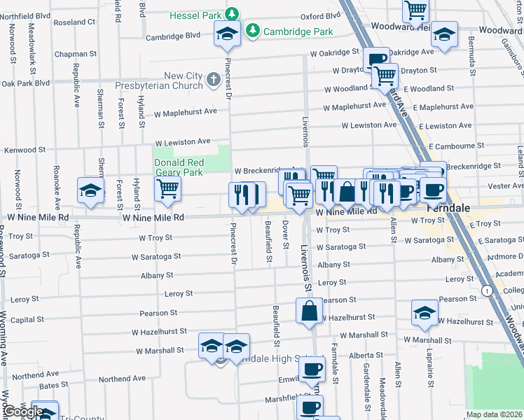 map of restaurants, bars, coffee shops, grocery stores, and more near 940 West Nine Mile Road in Ferndale
