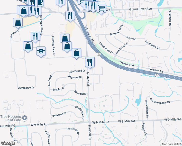 map of restaurants, bars, coffee shops, grocery stores, and more near 23140 Halsted Road in Farmington Hills