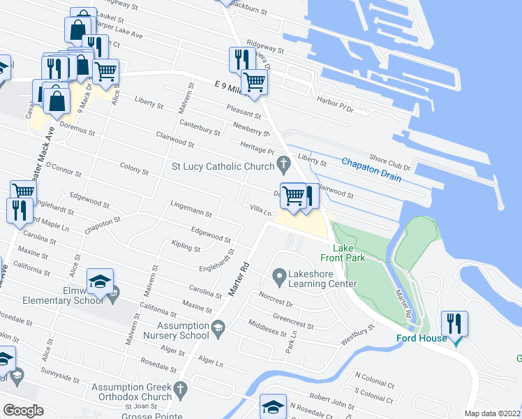 map of restaurants, bars, coffee shops, grocery stores, and more near 3211 Villa Lane in St. Clair Shores