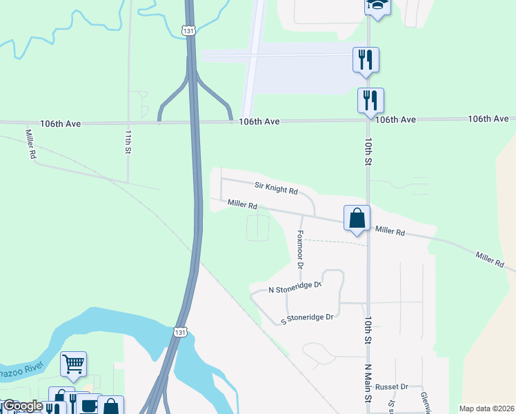 map of restaurants, bars, coffee shops, grocery stores, and more near 1066 Miller Road in Plainwell