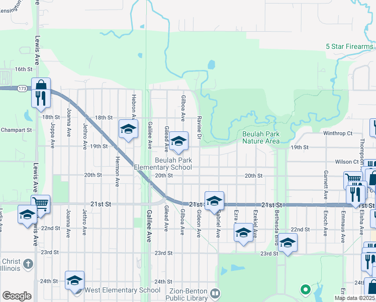 map of restaurants, bars, coffee shops, grocery stores, and more near 1903 Gilboa Avenue in Zion