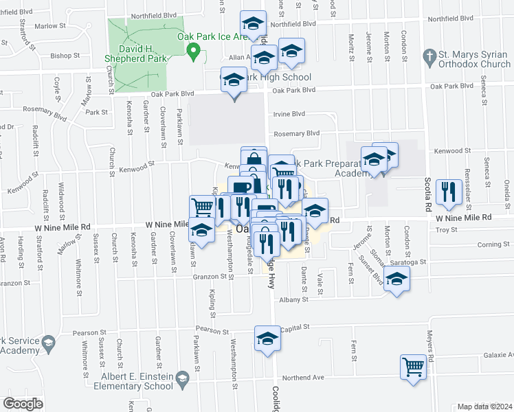 map of restaurants, bars, coffee shops, grocery stores, and more near 23055 Coolidge Highway in Oak Park