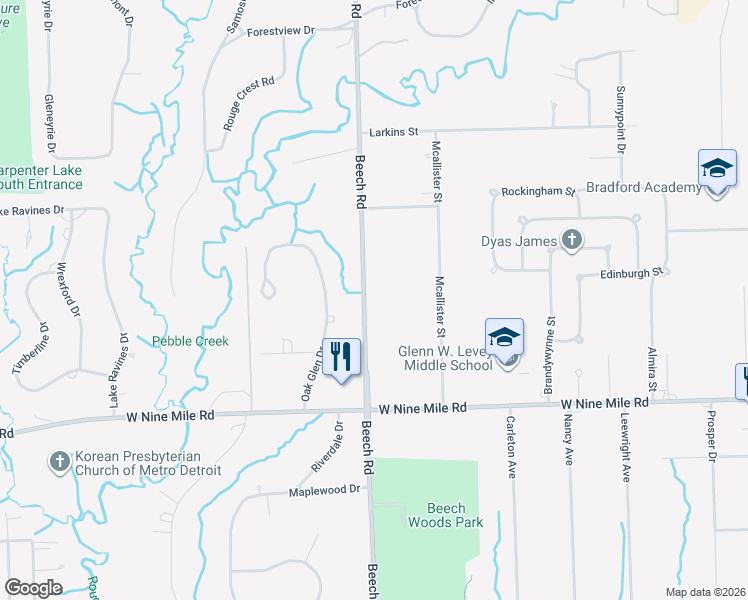map of restaurants, bars, coffee shops, grocery stores, and more near 23424 Beech Road in Southfield