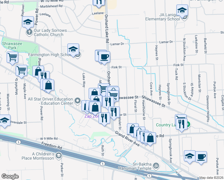 map of restaurants, bars, coffee shops, grocery stores, and more near 23058 Orchard Lake Road in Farmington