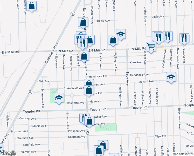 map of restaurants, bars, coffee shops, grocery stores, and more near 13682 Hendricks Avenue in Warren