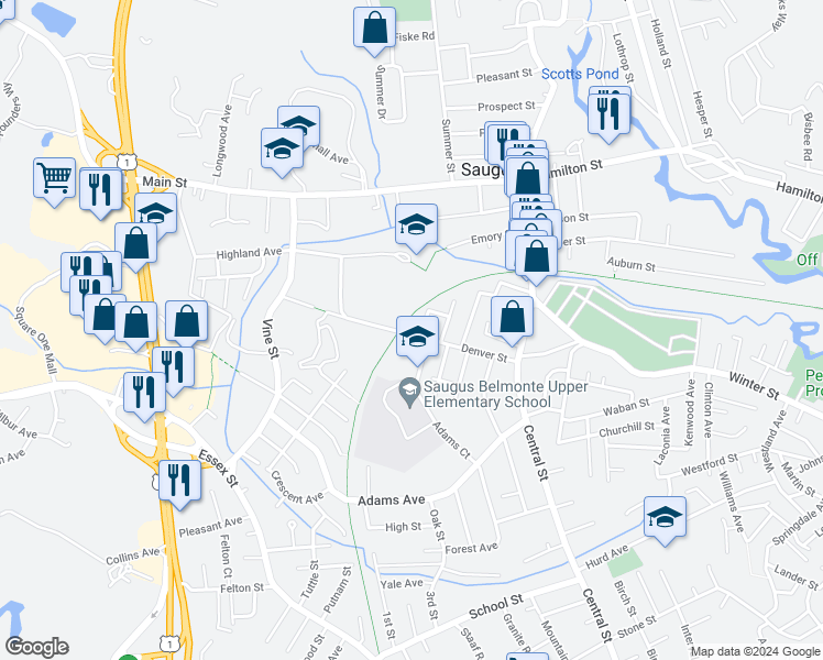 map of restaurants, bars, coffee shops, grocery stores, and more near 47 Denver Street in Saugus