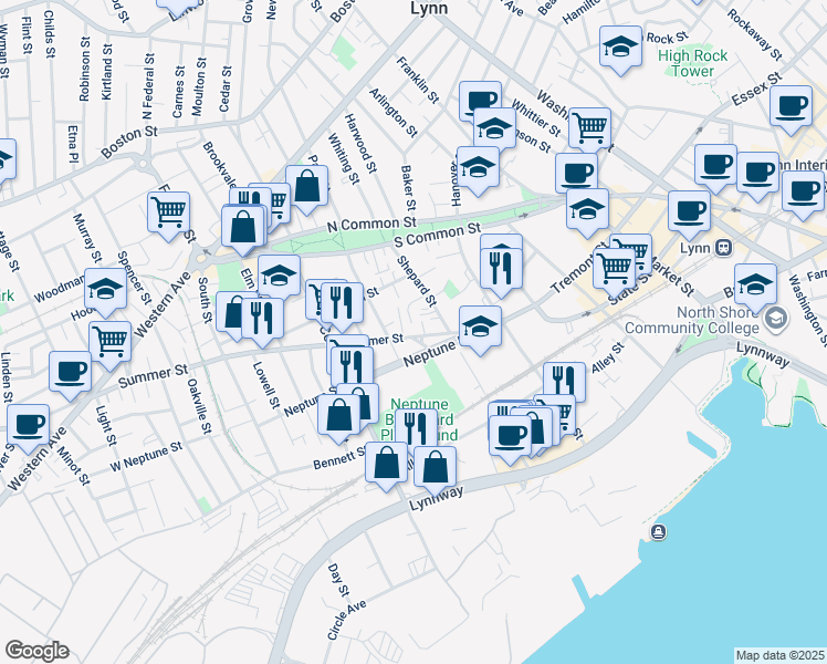 map of restaurants, bars, coffee shops, grocery stores, and more near 291 Summer Street in Lynn