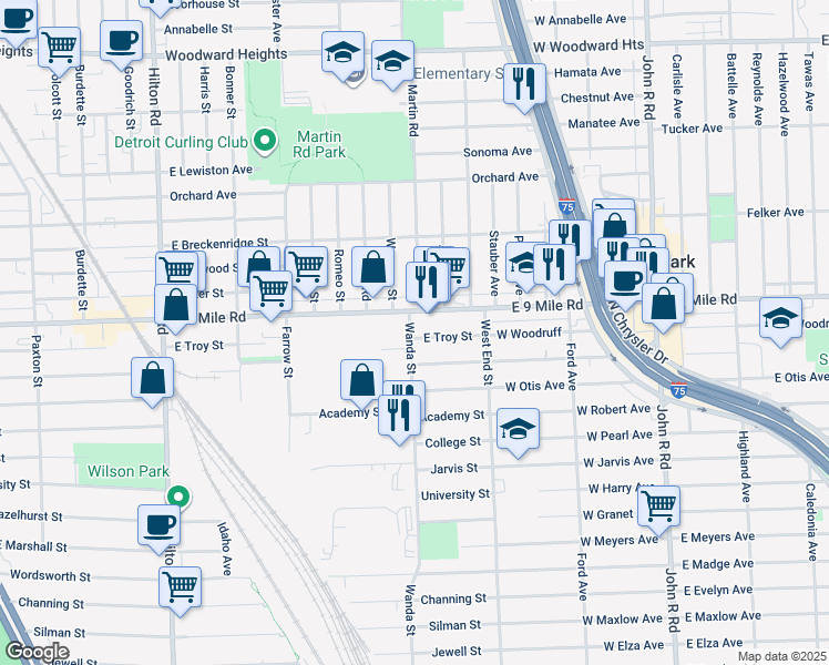 map of restaurants, bars, coffee shops, grocery stores, and more near 1777 East Troy Street in Ferndale