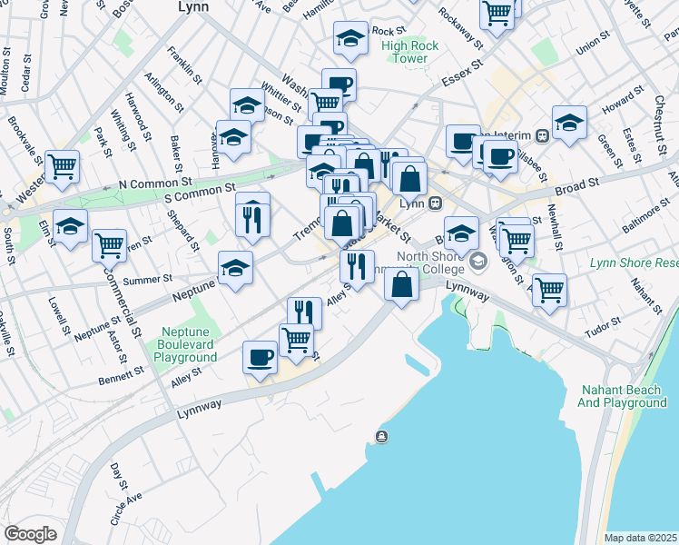 map of restaurants, bars, coffee shops, grocery stores, and more near 125 Pleasant Street in Lynn