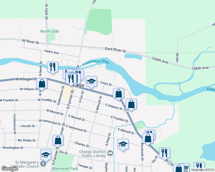 map of restaurants, bars, coffee shops, grocery stores, and more near 306 Court Street in Otsego