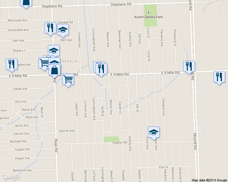 map of restaurants, bars, coffee shops, grocery stores, and more near 22546 Masch Avenue in Warren