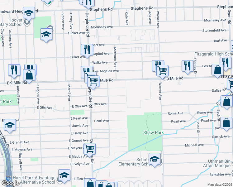 map of restaurants, bars, coffee shops, grocery stores, and more near 2151 Goulson Avenue in Warren