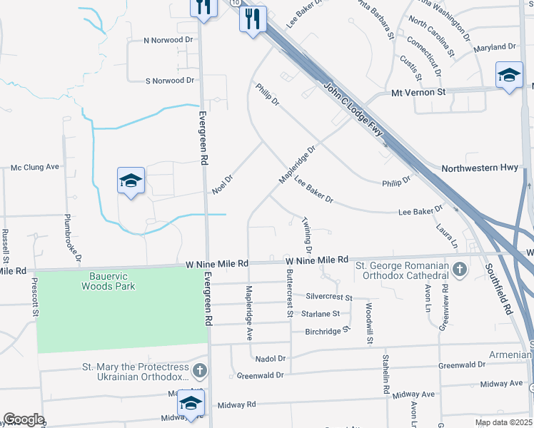 map of restaurants, bars, coffee shops, grocery stores, and more near 23270 Mapleridge Drive in Southfield