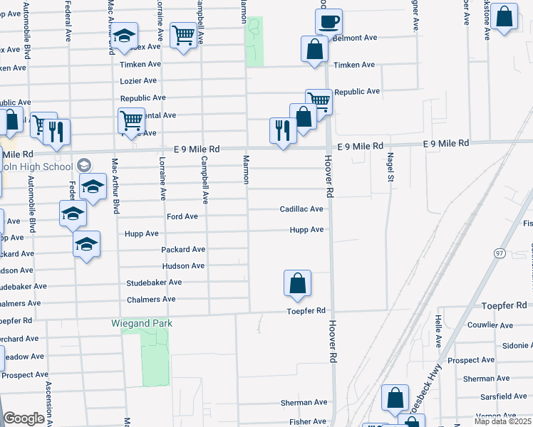 map of restaurants, bars, coffee shops, grocery stores, and more near 11396 Cadillac Avenue in Warren