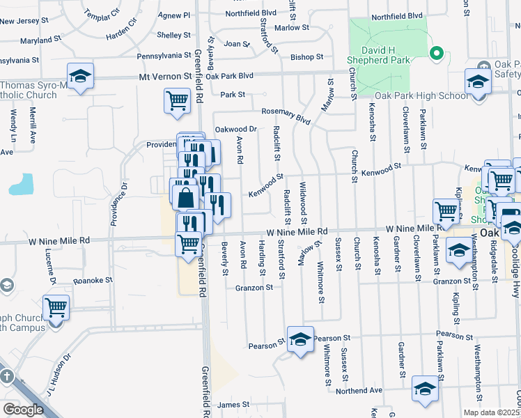 map of restaurants, bars, coffee shops, grocery stores, and more near 23033 Harding Street in Oak Park